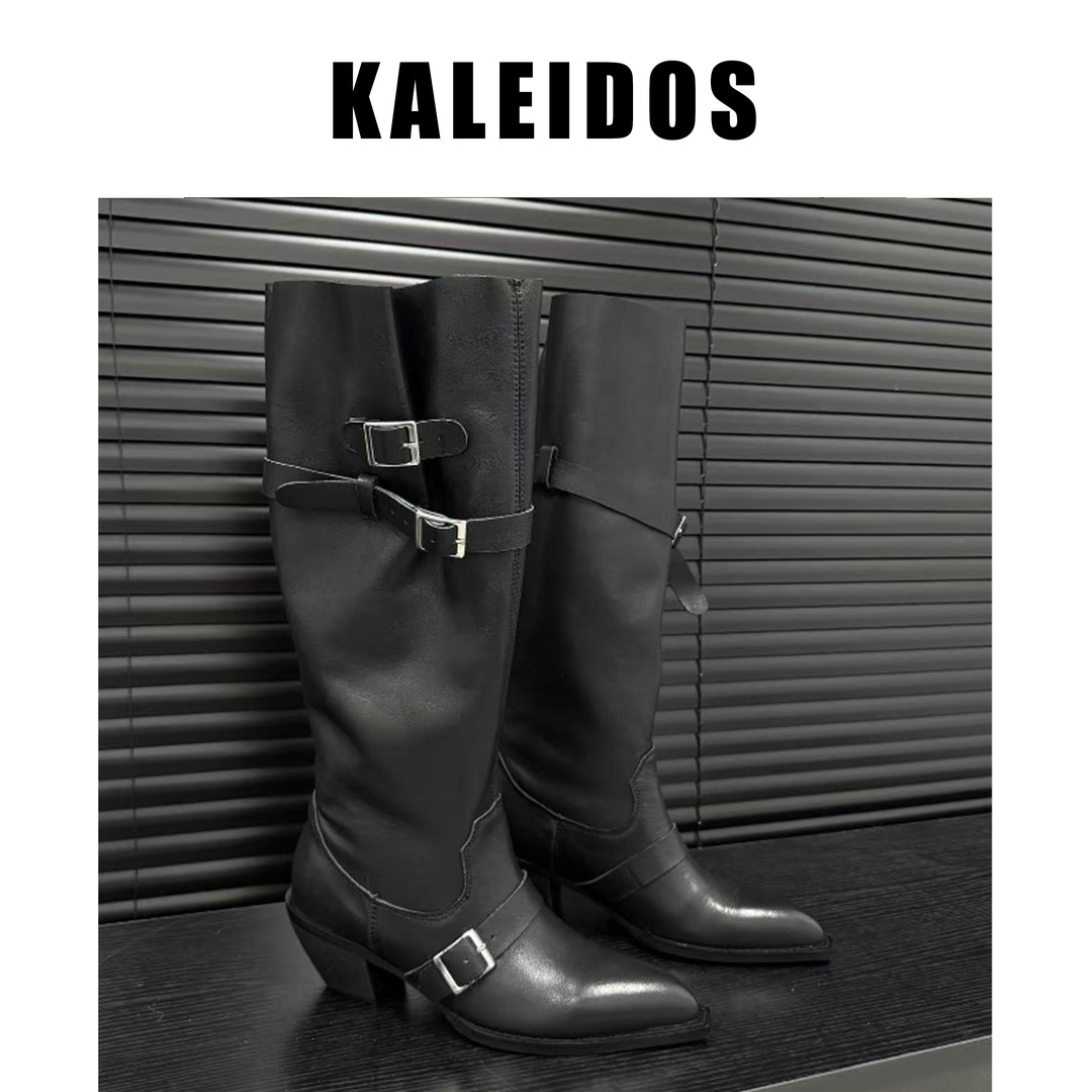 KALEIDOS大筒围褶皱皮带扣粗跟高筒尖头时装靴4.5cm主图