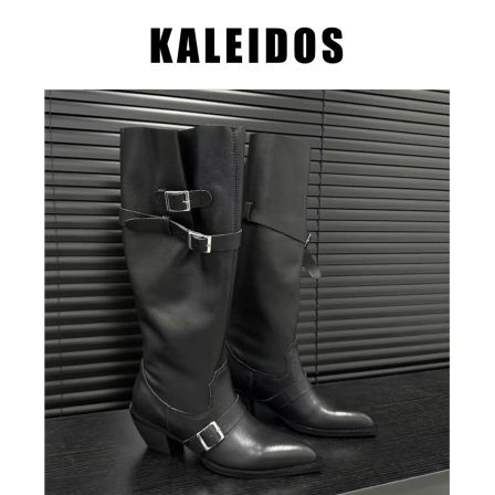 KALEIDOS大筒围褶皱皮带扣粗跟高筒尖头时装靴4.5cm