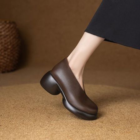 25新款真皮厚底单鞋粗跟软底深口小皮鞋百搭圆头高跟一脚蹬乐福鞋