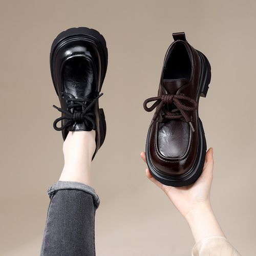 复古风增高厚底系带单鞋女2026年春季新款英伦风小个子黑色小皮鞋主图