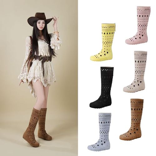 春季时尚小众设计增高长筒波西米亚风镂空女靴圆头西部牛仔靴主图