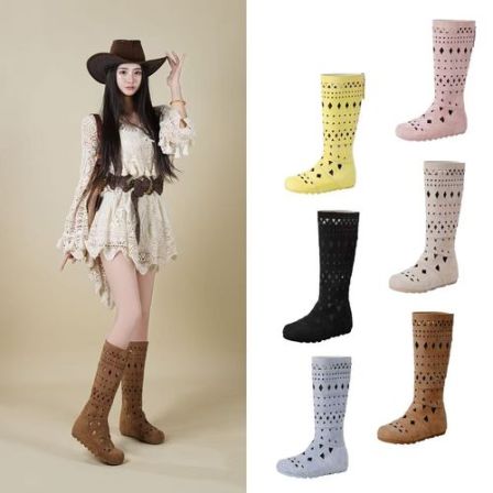 春季时尚小众设计增高长筒波西米亚风镂空女靴圆头西部牛仔靴