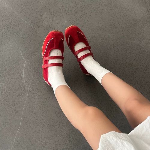 复古红色玛丽珍鞋女2026春季新款百搭浅口运动休闲鞋芭蕾舞单鞋女主图