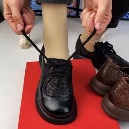 复古百搭圆头气质头层牛皮低跟轻便春秋新款软底舒适英伦风妈妈鞋