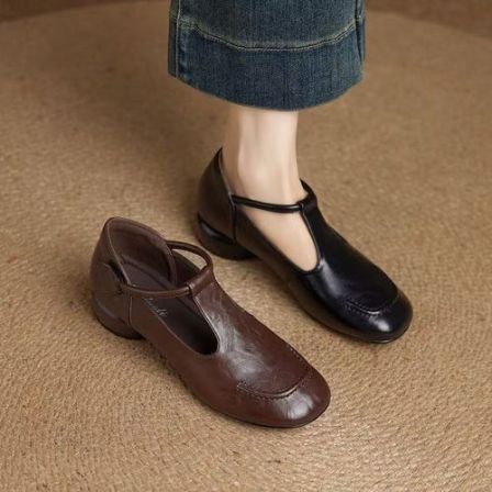 真皮时尚粗跟玛丽珍鞋女高级感一字带魔术贴舒适圆头舒适单鞋女