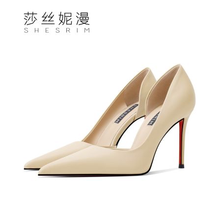 春季杏色侧空尖头细跟高跟鞋尖头浅口真皮红底高跟鞋女细跟高级感