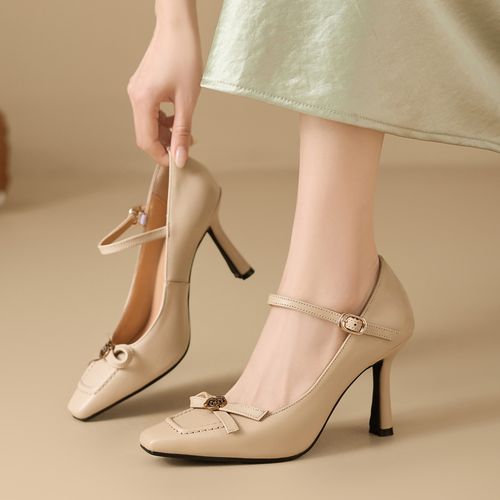 修悦法式方头玛丽珍鞋女黑色一字扣细跟高跟单鞋百搭山茶花蝴蝶结主图