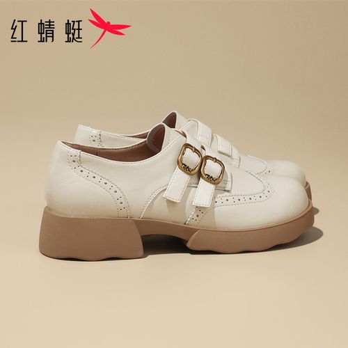 红蜻蜓时尚布洛克乐福鞋女款2026春季新款皮带扣一脚蹬厚底小皮鞋主图