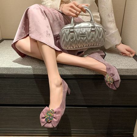 跟4cm全羊皮气质粗跟浅口春季方头水钻法式单鞋百搭买1赠3