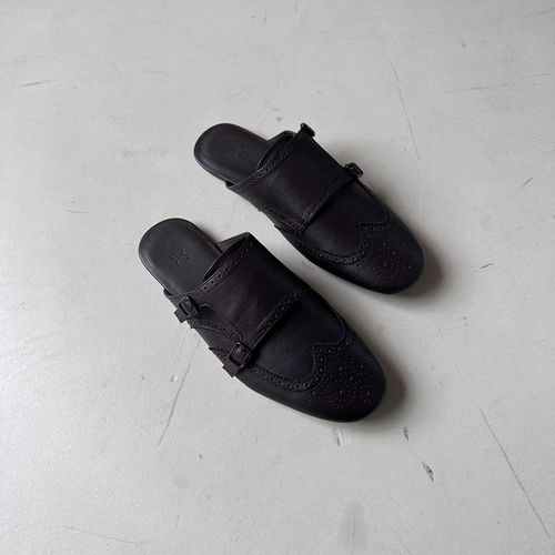 布洛克雕花小方头薄底真皮拖鞋美拉德半拖主图