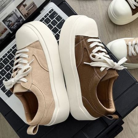 BOGEDIT春季低帮休闲鞋系带纯色百搭男鞋厚底男士板鞋运动面包鞋