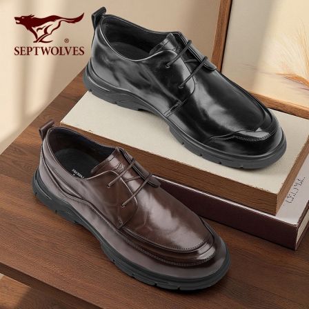 七匹狼男鞋休闲商务修面皮休闲皮鞋亮面皮鞋春季系带英伦风黑色