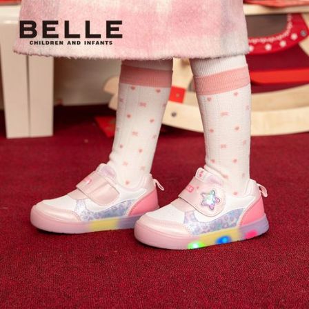 BELLE/百丽春秋运动风透气女童星烁彩虹防水闪灯学步鞋CE8999
