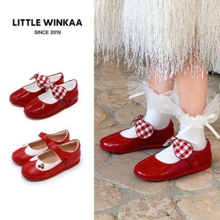 Little winkaa格子布蝴蝶结舞蹈鞋女童新年红儿童皮鞋艾莎公主鞋