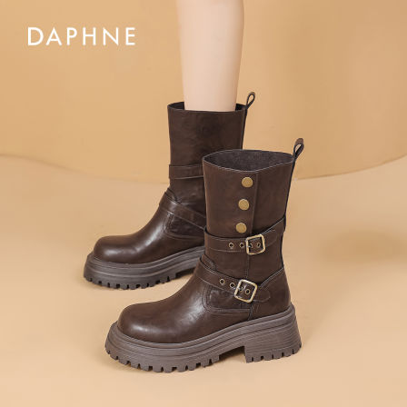 达芙妮英伦风厚底马丁靴女2026新款冬季增高棕色加绒保暖时装靴S 