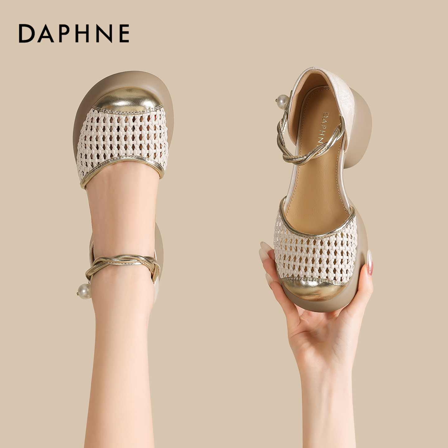 达芙妮编织镂空透气罗马凉鞋女2026夏一字带粗跟高跟鞋中空单鞋S主图