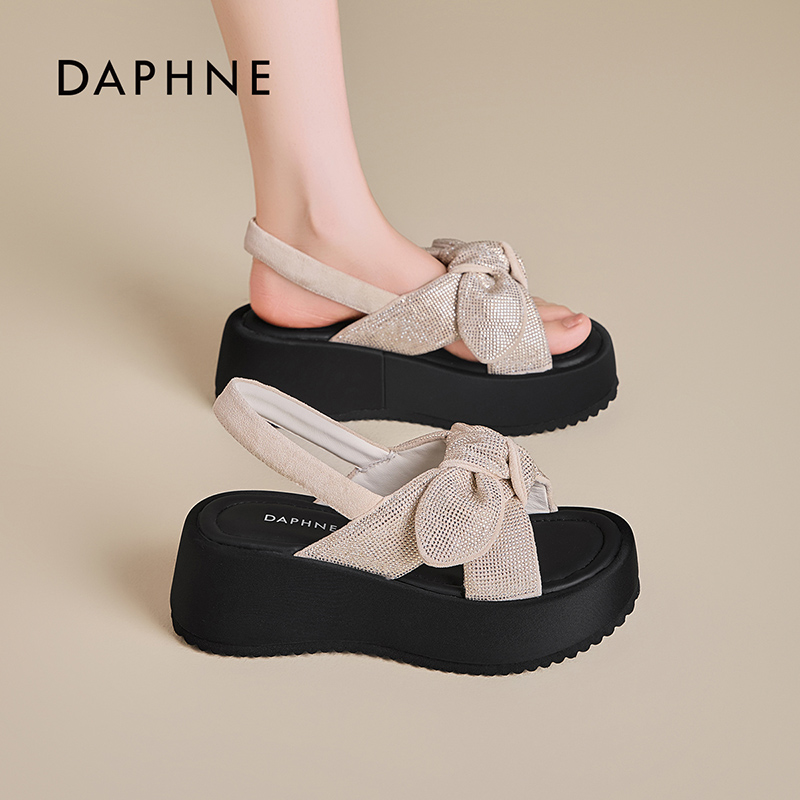 达芙妮厚底黑色拖鞋夏季外穿2026新款女士凉拖增高蝴蝶结一字拖S主图