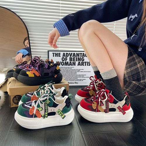 女款时尚休闲百搭厚底加绒加厚新款高定舒适拼色拼接小众韩版潮流主图