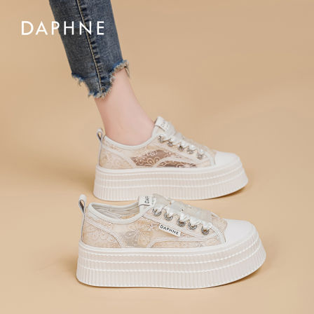 达芙妮官方正品夏季新品女鞋时尚刺绣网面小白鞋厚底增高休闲鞋S 