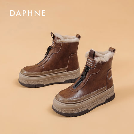 达芙妮加绒马丁靴2026新款冬季增高厚底短靴复古女士高档棉靴子S 