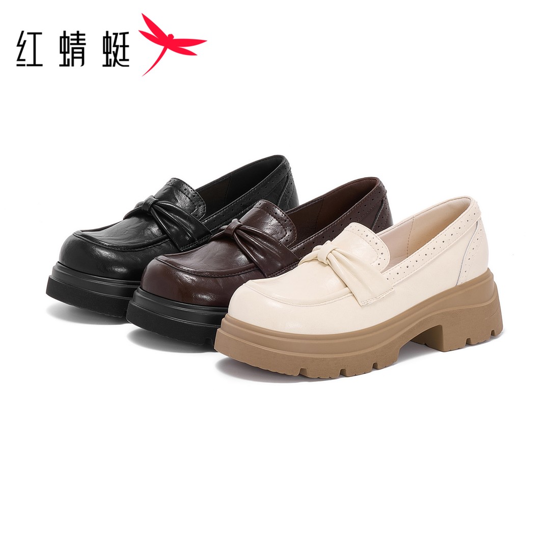 红蜻蜓厚底乐福鞋2026春季新款蝴蝶结仙女风布洛克风休闲通勤单鞋主图