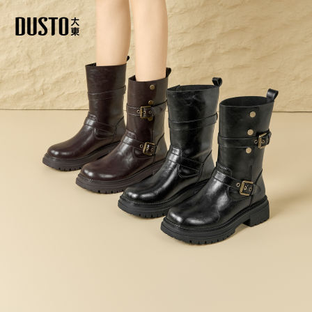 大东靴子女皮带扣中筒靴2025冬季新款机车风百搭厚底短靴002228