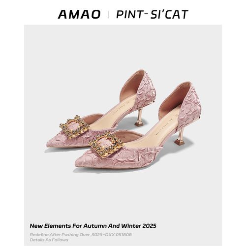 小香风法式绸缎褶皱尖头细跟高跟鞋女款温柔绝美侧空小众浅口单鞋主图