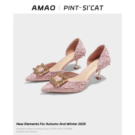 小香风法式绸缎褶皱尖头细跟高跟鞋女款温柔绝美侧空小众浅口单鞋