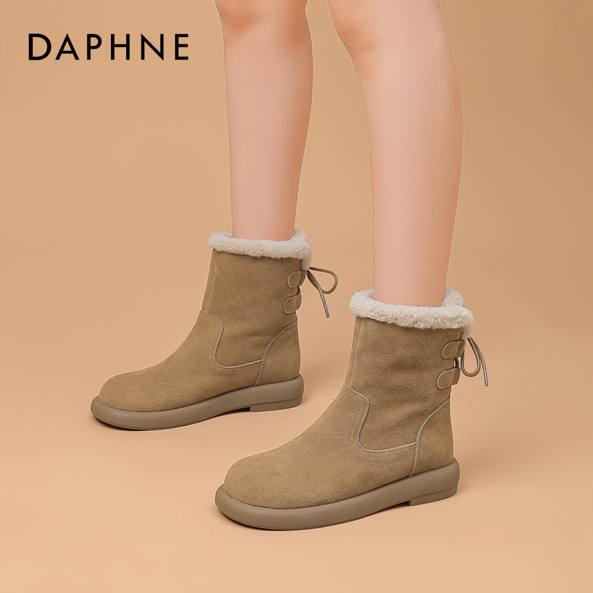 达芙妮冬季新款百搭时装靴女磨砂真皮复古加绒加厚保暖雪地靴女S 主图