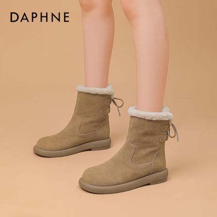 达芙妮冬季新款百搭时装靴女磨砂真皮复古加绒加厚保暖雪地靴女S 