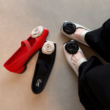 2.5cm方头芭蕾舞鞋女低跟拼色猪鼻子玛丽珍鞋粗跟懒人鞋黑色单鞋