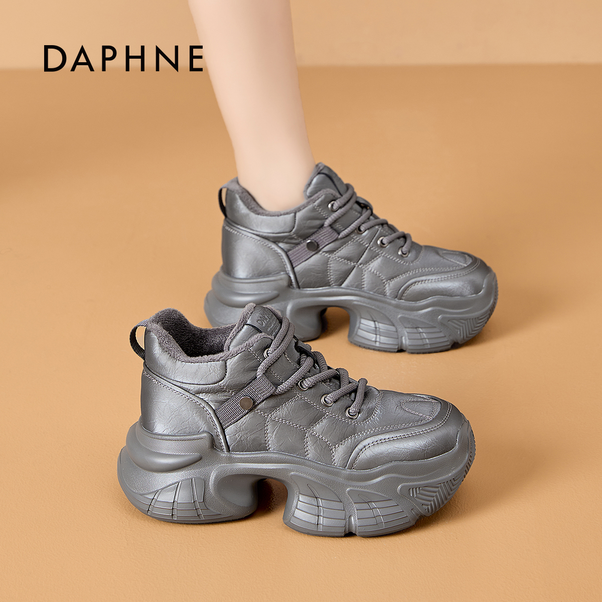 达芙妮厚底银色老爹鞋女2026新款冬季棉鞋小个子加绒加厚雪地靴S 主图