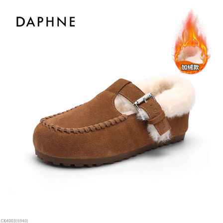 达芙妮新款低跟深口乐福冬季单鞋厚款圆头粘胶鞋平底女LL