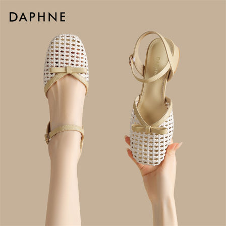 达芙妮镂空包头单鞋一字带复古粗跟配裙子玛丽珍鞋编织中跟凉鞋S