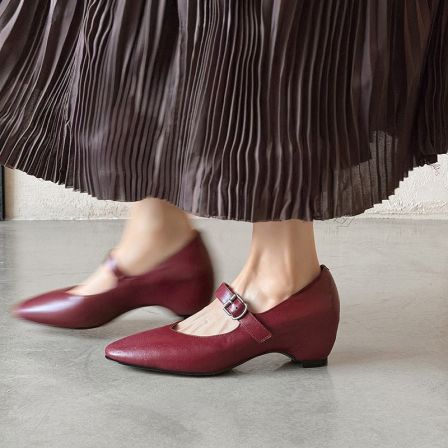 真皮法式复古风一字扣带玛丽珍鞋女内增高浅口单鞋米白色配裙子