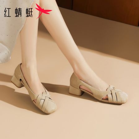 红蜻蜓女士夏季中跟百搭复古外穿透气公主风套脚圆头粗跟时尚单鞋