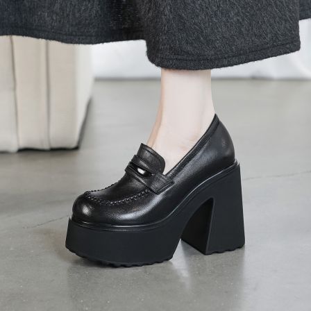 12cm欧洲站厚底防水台小皮鞋女2026年新款春季超高跟粗跟懒人单鞋