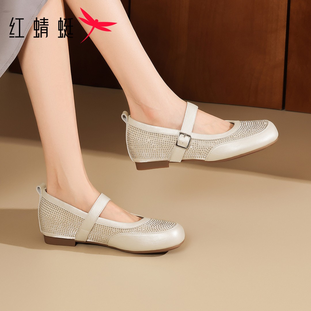 红蜻蜓女士低跟搭扣纯色百搭复古休闲透气浅口圆头平底时尚单鞋主图