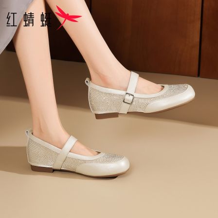 红蜻蜓女士低跟搭扣纯色百搭复古休闲透气浅口圆头平底时尚单鞋