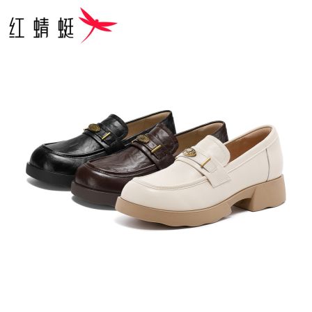 红蜻蜓乐福鞋2026早春通勤款厚底舒适一脚蹬简约金属扣饰百搭女鞋