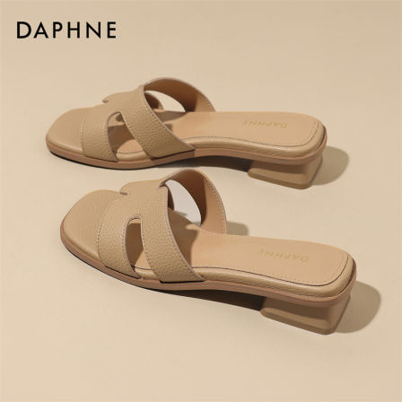 达芙妮官方正品夏季新品女鞋时尚法式低跟外穿拖鞋优雅一字拖鞋S 