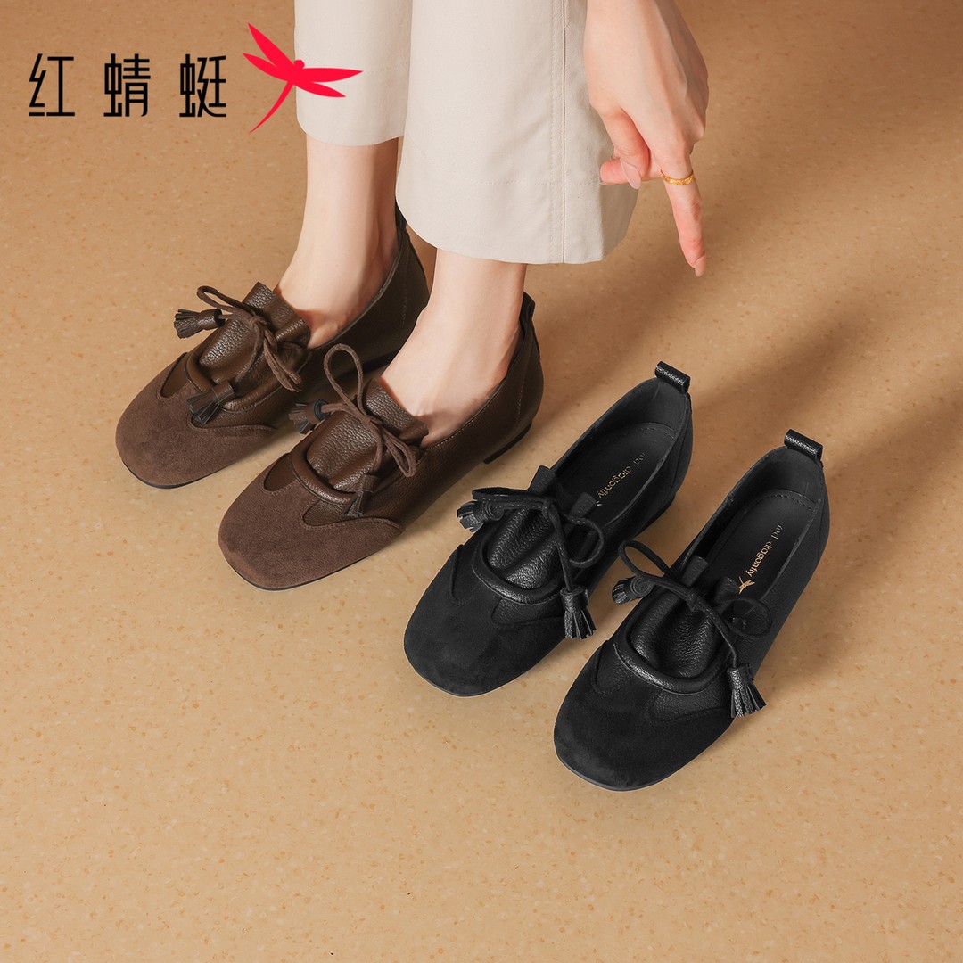 红蜻蜓女士秋季低跟百搭休闲复古交叉系带套脚圆头平底时尚单鞋主图