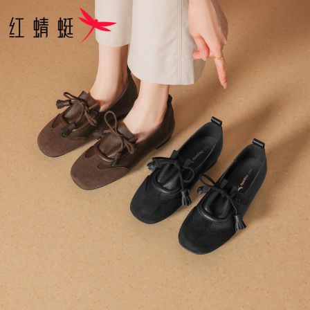 红蜻蜓女士秋季低跟百搭休闲复古交叉系带套脚圆头平底时尚单鞋