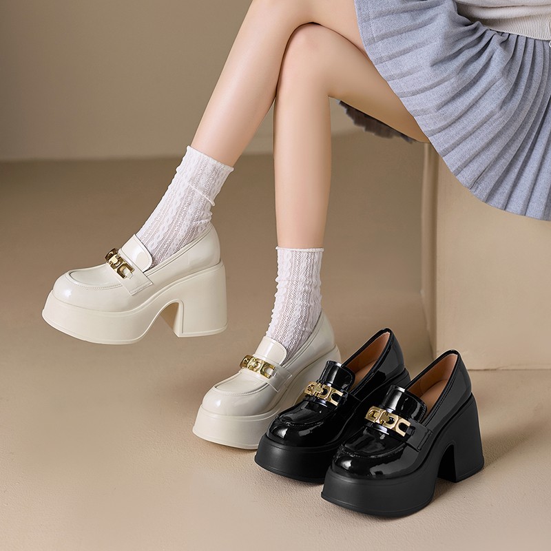 10cm厚底乐福鞋女2026春季粗高跟漆皮金属扣单鞋小个子一脚蹬女鞋主图