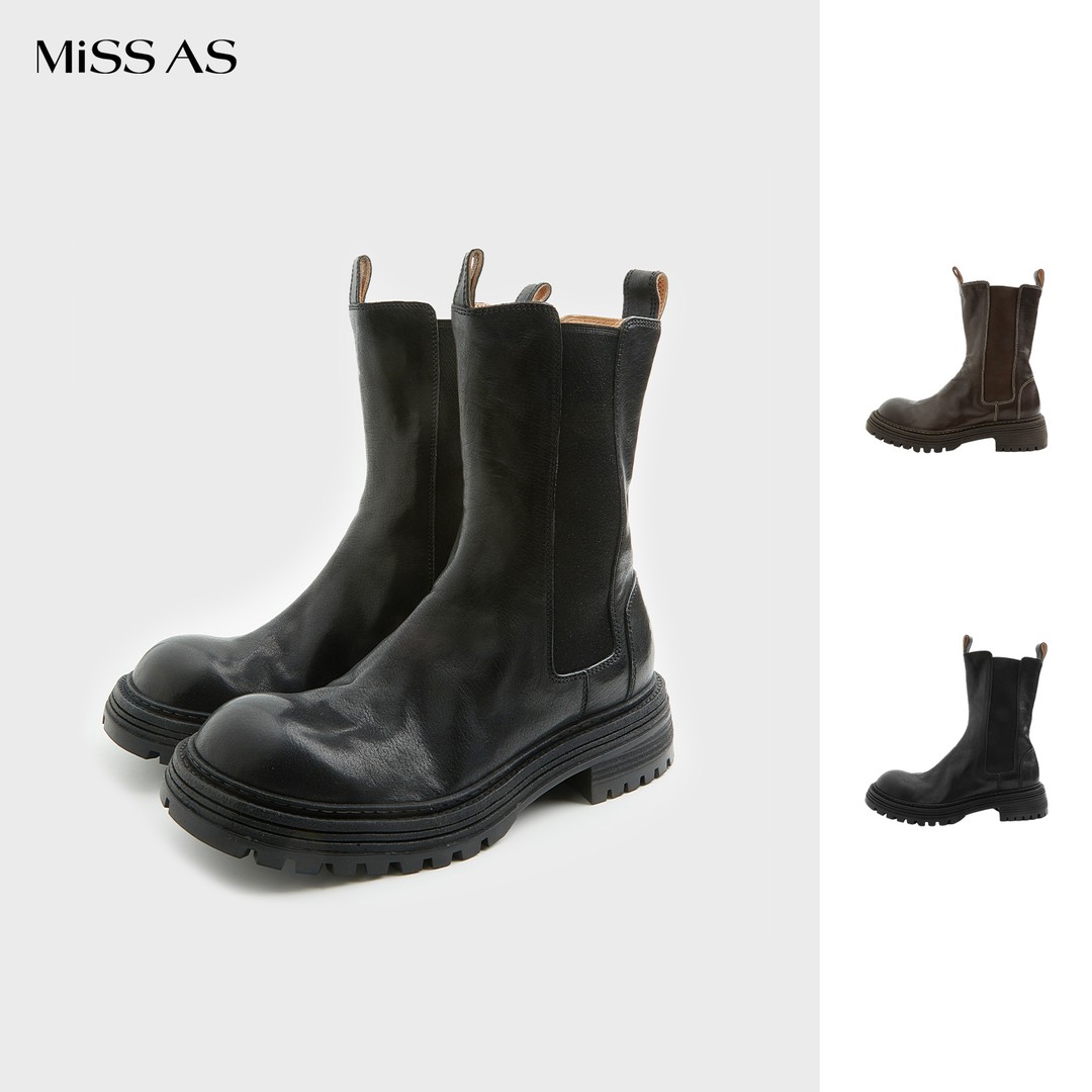 【IMMI】女式宽大圆润德比鞋楦型水洗中筒靴一脚蹬26春夏主图