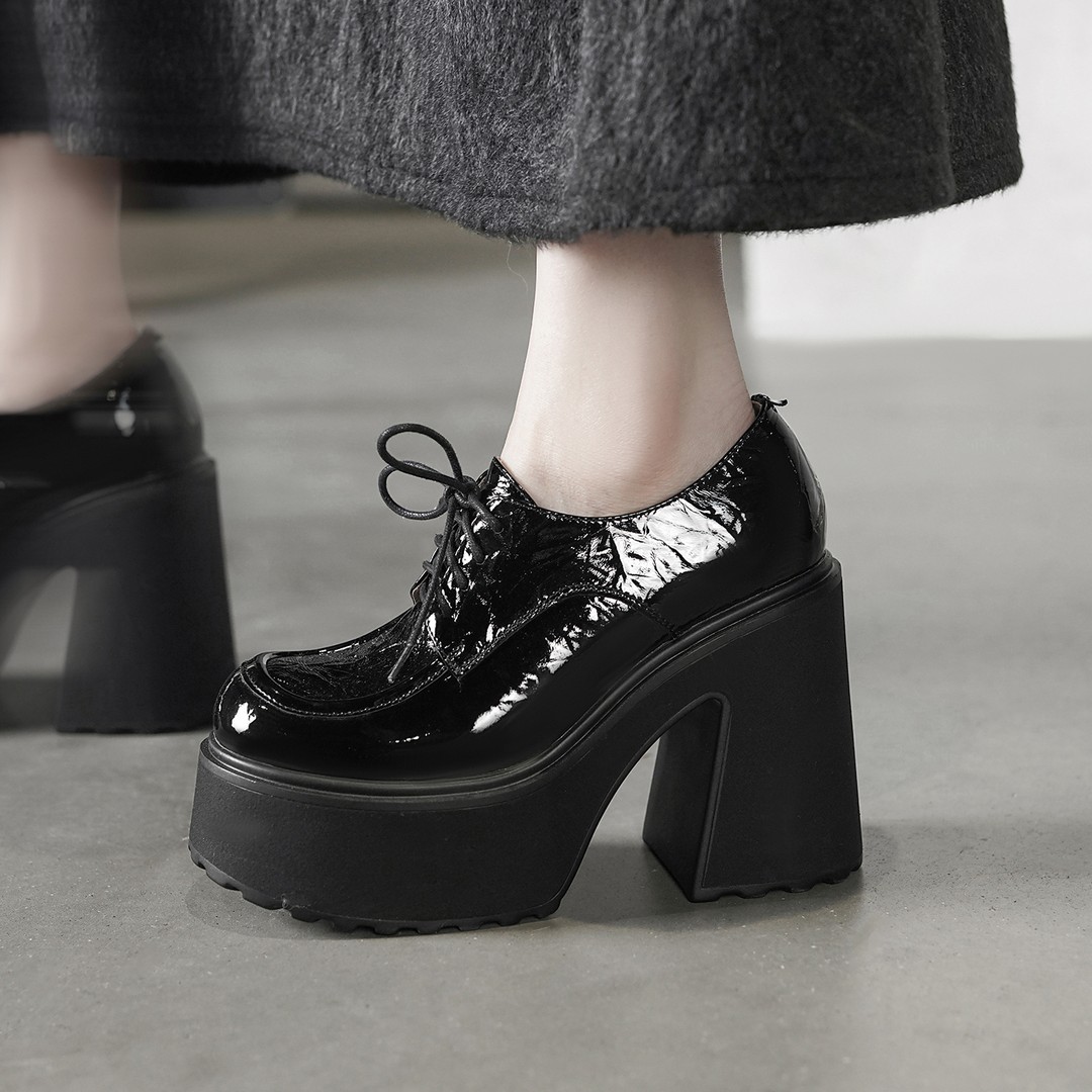 12cm超高跟粗跟厚底单鞋女防水台小个子增高前系带百搭高跟鞋春季主图