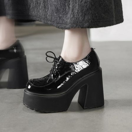 12cm超高跟粗跟厚底单鞋女防水台小个子增高前系带百搭高跟鞋春季