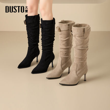 大东靴子女8cm细高跟尖头绒面长筒靴2026冬气质百搭时装靴002382