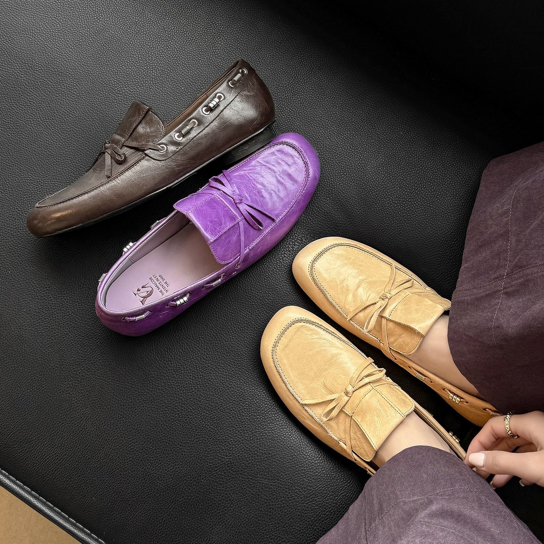 1.5cm英伦风真皮乐福鞋女春秋平底鞋真皮百搭舒适一脚蹬单鞋棕色主图