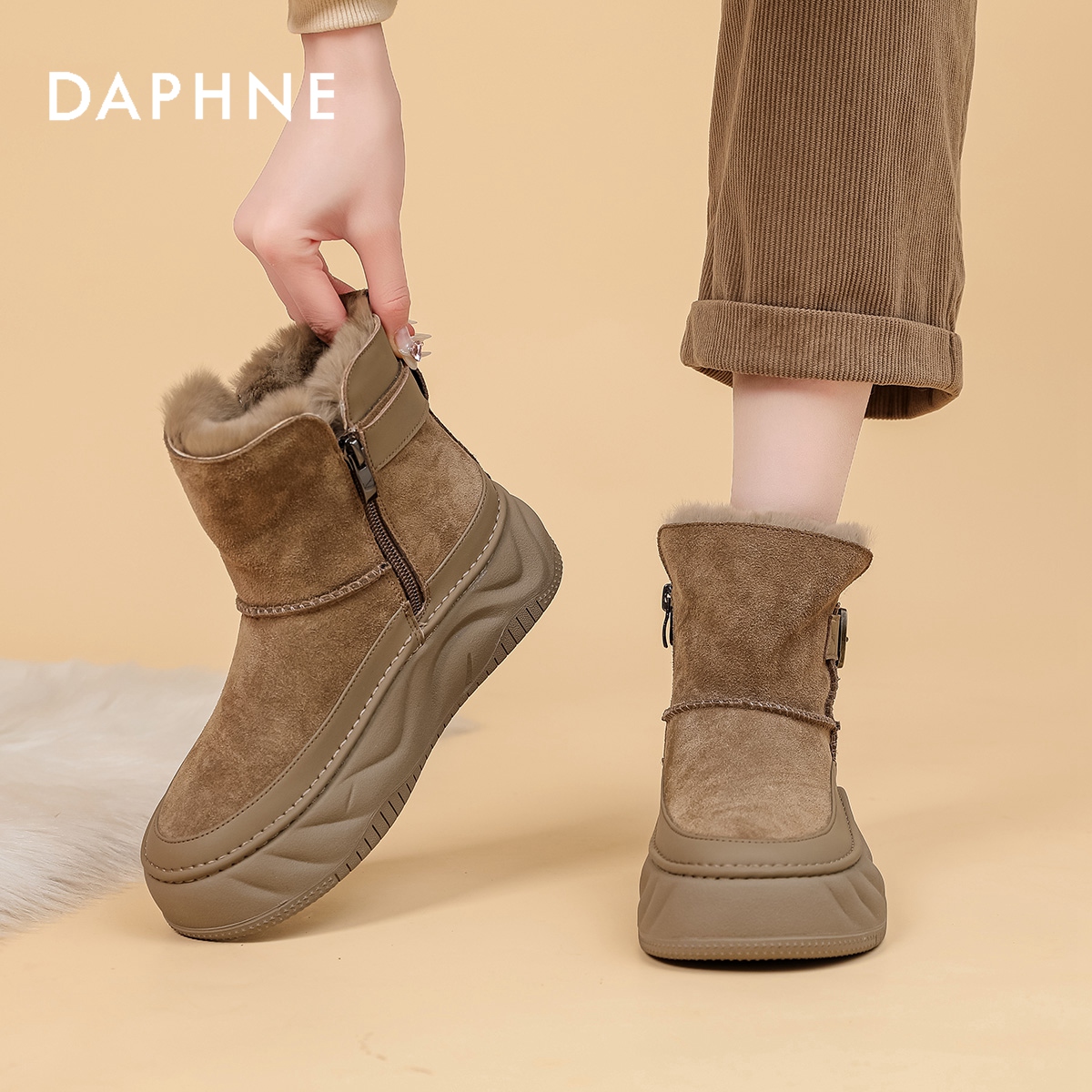 达芙妮官方厚底雪地靴女2026冬季新款加绒加厚保暖增高毛毛棉鞋S 主图